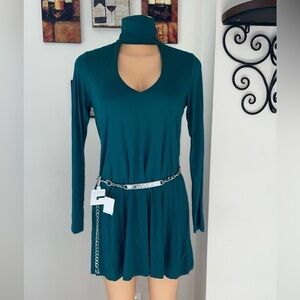 NWT Green Cut Out Long Sleeve Mini Dress Size L ( Belt not included)